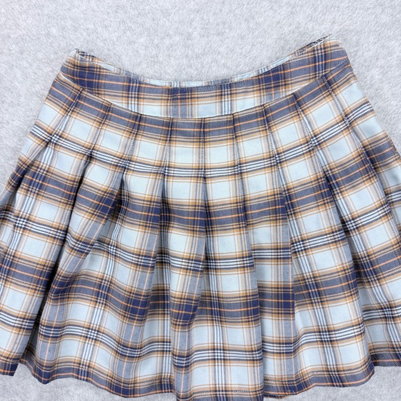 Forever 21 Plaid Pleated Mini Skirt Women Size S Blue Orange Preppy Schoolgirl - Picture 2 of 6